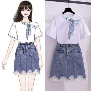 Short-sleeve Bow-neck T-shirt / Lace Panel Denim Mini A-line Skirt / Set