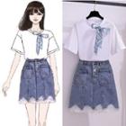 Short-sleeve Bow-neck T-shirt / Lace Panel Denim Mini A-line Skirt / Set
