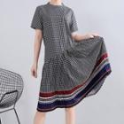 Short-sleeve Plaid Paneled Midi A-line Dress As Shown In Figure - One Size