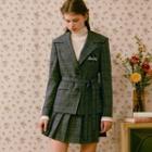 Sailor-collar Plaid Jacket With Belt Navy Blue - One Size