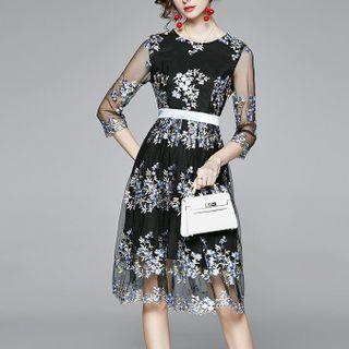 3/4-sleeve Floral Embroidery Mesh Midi Dress