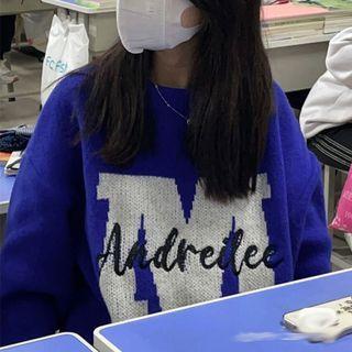 Lettering Jacquard Sweater Blue - One Size