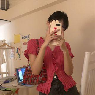Short-sleeve Ruffle Button Knit Top