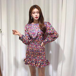 Round-neck Smocked-waist Floral Print Minidress