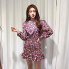 Round-neck Smocked-waist Floral Print Minidress