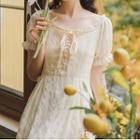 Ruffled Lace-up Short-sleeve Midi A-line Dress