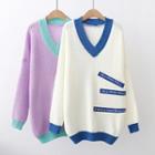 Letter Embroidered V-neck Oversize Sweater