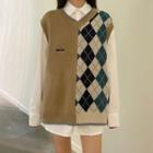 Letter Embroidered Argyle Knit Vest Vest - Sweater - One Size
