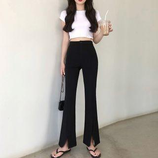Cap-sleeve Cropped T-shirt / Slit-hem Boot-cut Pants