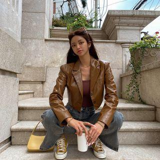 Faux-leather Cropped Blazer