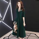 Elbow Sleeve V-neck Embroidered Cocktail Dress