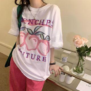 Elbow-sleeve Apple Print T-shirt