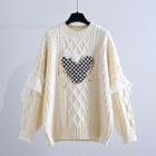 Heart Applique Lace Panel Cable Knit Sweater