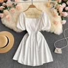 Square-neck Puff-sleeve Faux Pearl Dress