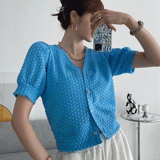 Puff-sleeve Textured Crop Cardigan