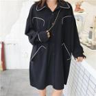 Color-block Long-sleeve Loose-fit Shirtdress Black - One Size
