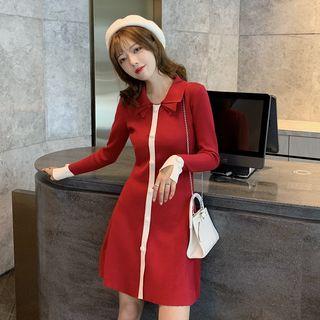 Collared Two-tone A-line Mini Knit Dress
