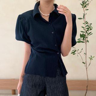 Plain Asymmetrical Button Polo Collar Blouse As Shown In Figure - One Size