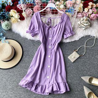 Frill-hem Square-neck Short-sleeve Midi Dress