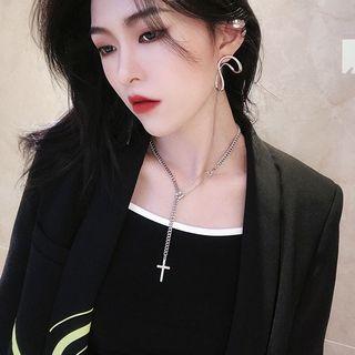 Alloy Cross Pendant Necklace / Set: Safety Pin Fringed Earring + Cross Pendant Necklace