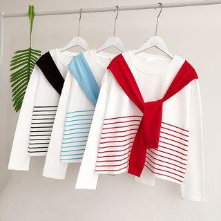 Color-block Striped Long-sleeve Mock-two Pullover