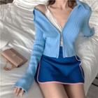 Zip-up Collared Cardigan Blue - One Size