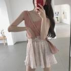 V-neck Cable Knit Vest / Floral Mini A-line Skirt