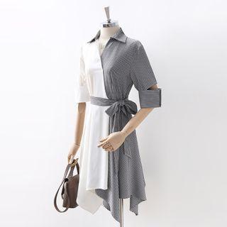 Asymmetric Striped Panel Elbow-sleeve Tie-waist Midi A-line Dress