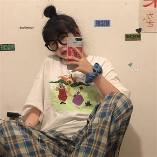 Short-sleeve Cartoon Print T-shirt / Plaid Harem Pants