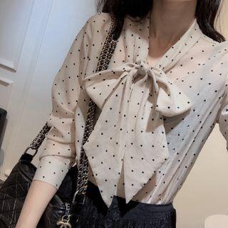 Heart Print Tie-neck Long-sleeve Blouse