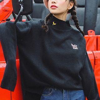 Lettering Embroidered Mock-neck Long-sleeve Sweater