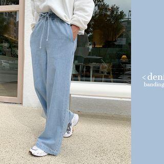 Drawcord-waist Wide-leg Jeans Light Blue - One Size