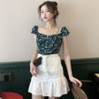 Short-sleeve Floral Top / Mini Lace-up A-line Skirt