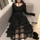 Lace Trim Long-sleeve Midi Tiered Dress Black - One Size