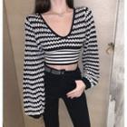 V Neck Knit Long-sleeve Top As Shown In Figure - One Size