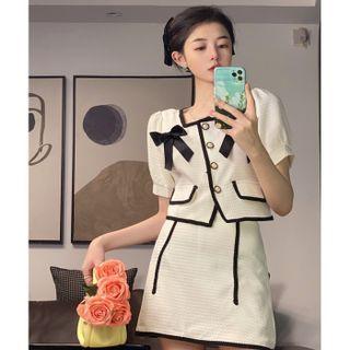Short-sleeve Bow Button-up Jacket / Mini Skirt