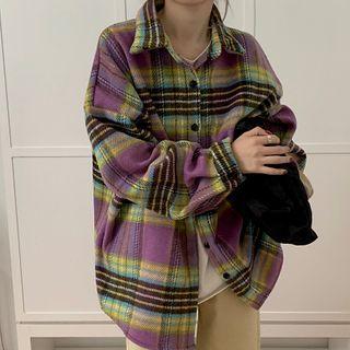 Long-sleeve Plaid Shirt Pink & Yellow & Black - One Size