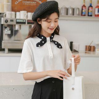 Short-sleeve Dotted Tie-collar Buttoned T-shirt