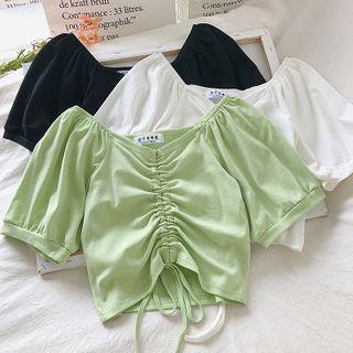 Plain Drawstring Short-sleeve Crop Top