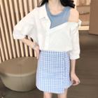 Mock Two Piece 3/4-sleeve Blouse / Check A-line Skirt