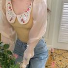 Floral Embroidered Knit Panel Blouse Yellow - One Size