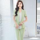 Short-sleeve Single-button Blazer / Straight Leg Cropped Dress Pants / Set