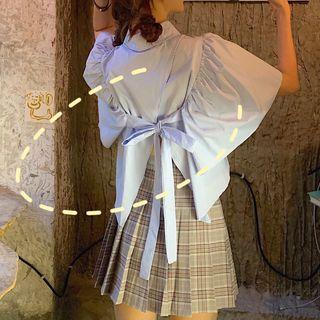 Plain Elbow-sleeve Shirt / Plaid Pleated Skirt
