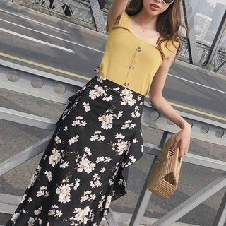 Set: Sleeveless Buttoned Knit Top + Ruffled Floral Midi Wrap Skirt