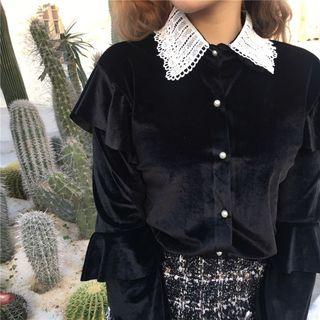 Set: Lace Peter-pan Collar Ruffle-sleeve Shirt / Tweed Skirt