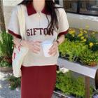 Short-sleeve Lettering Zip Polo Shirt / Slit Midi A-line Skirt