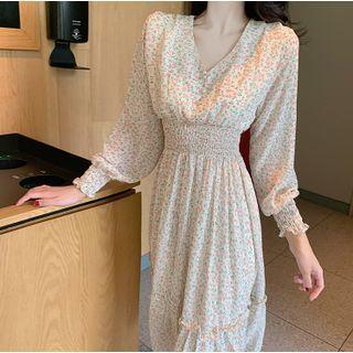 Puff-sleeve V-neck Floral Print Chiffon Midi Dress