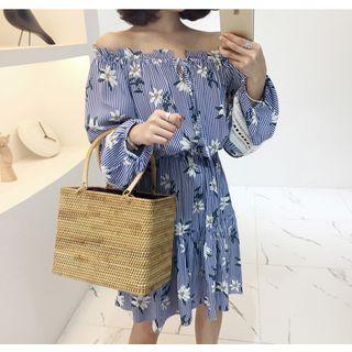 Long-sleeve Off-shoulder Lace-trim Floral Striped Dress