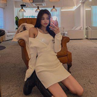 Inset-camisole Ribbed Knit Dress