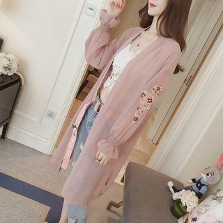 Flower Embroidered Open Front Long Chiffon Jacket